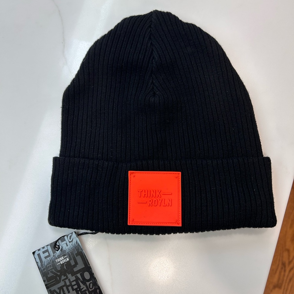 THINK ROYLN Black Beanie with Vibrant Red Patch